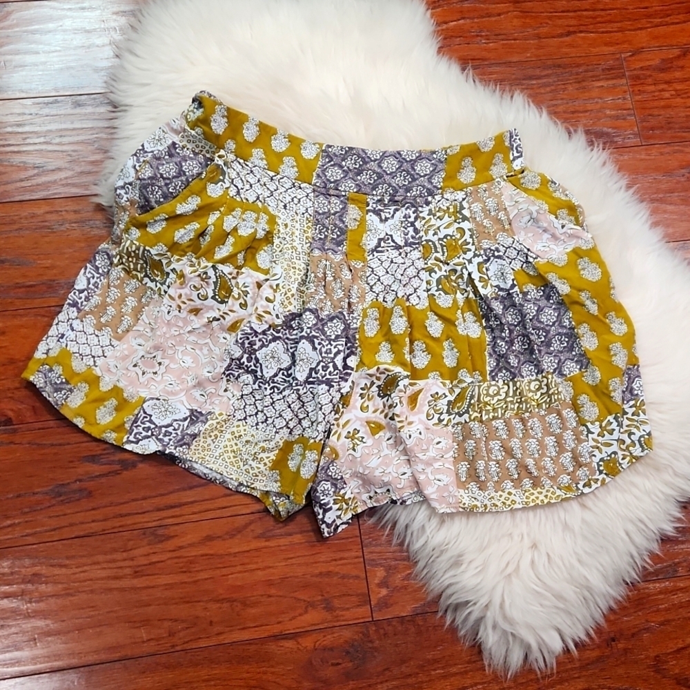 Patchwork Print Women's Shorts in Mustard and Pink